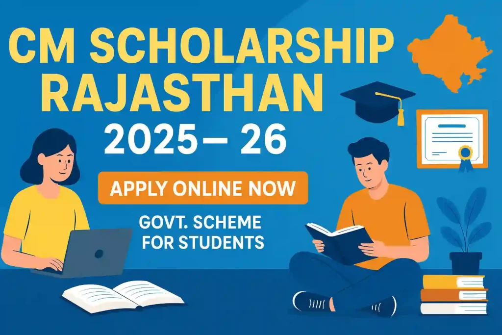 CM Scholarship Rajasthan 2025-26 Apply Online” thumbnail featuring illustrated students studying with books and laptops, a graduation cap, a certificate, and a Rajasthan map icon, designed in blue and orange educational theme promoting the government scholarship scheme for students.
